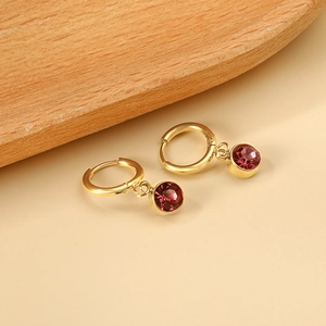 Boucles D'oreilles Créoles En Acier Inoxydable Avec Pendentif Cristal Rose Rond Bijoux Antiallergiques Plaqué Or