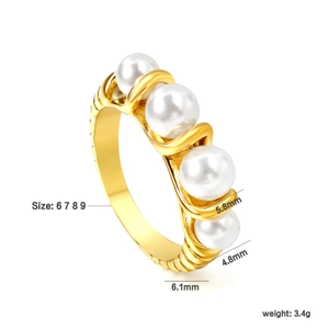 Golden wave textured titanium steel ring with four white pearls and size 6-9 specifications