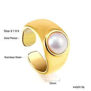 Detailed specs of gold plated stainless steel ring with a large 12mm pearl inlay