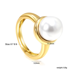 Detail view of 18K gold plated ring with 11.8mm pearl and sizing measurements