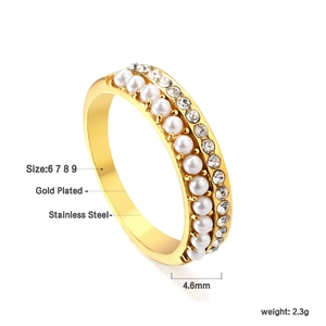 Detail of gold plated stainless steel ring with white pearls and clear crystals
