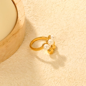 Elegant 18K gold plated stainless steel open ring with three white freshwater pearls