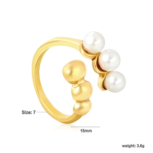 Detailed size specifications for gold pearl ring showing 15mm diameter and 3.6g weight