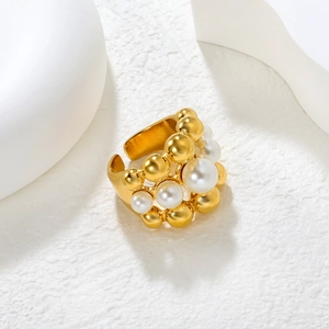 Exaggerated golden stainless steel multi-layered beaded open ring with white pearls
