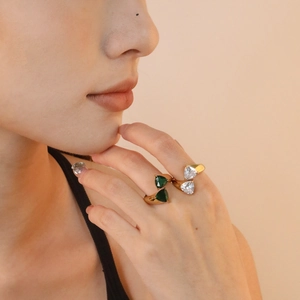 Geometric Triangle Emerald Zircon Open Ring Stainless Steel 18K Gold Plated Adjustable Jewelry For Women