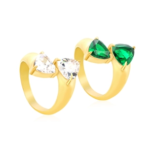 18K gold plated ring featuring triangle emerald and white crystals in a minimalist design