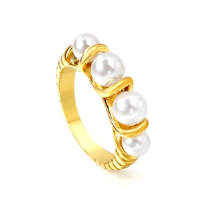 18K gold stainless steel ring with elegant wave design and four white faux pearls