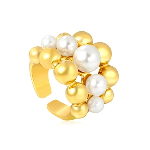 18K gold-plated open ring with freshwater pearls and polished golden beads for women