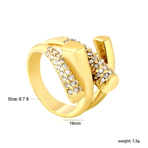 Detailed view of gold plated nail wrap ring with cubic zirconia stones and 19mm width