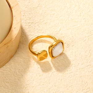 Golden stainless steel open ring with square tiger eye stone and geometric gold block
