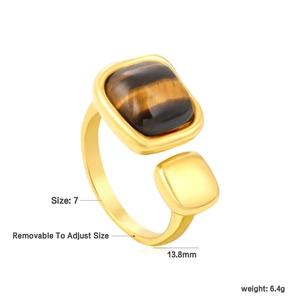 Detail of 18K gold plated tiger eye ring showing size 7 and 13.8mm dimensions