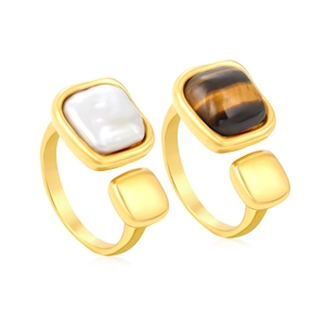 Vintage gold adjustable rings set with square faux pearl and tiger eye stone