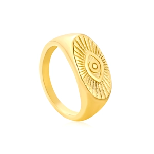 18K gold plated stainless steel signet ring with evil eye and sunburst pattern