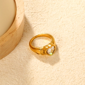 18K gold plated stainless steel ring featuring a heart-shaped emerald cut cubic zirconia