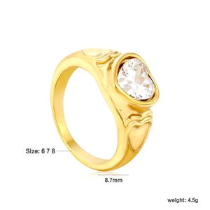 Detail view of heart-shaped zircon ring with size 6 7 8 and 8.7mm width specs