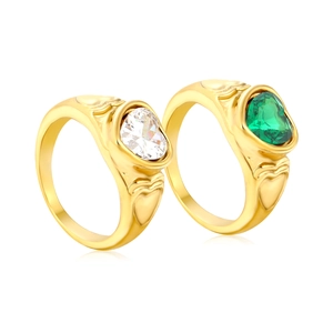 Vintage 18K gold plated stainless steel rings with emerald and zircon heart gems