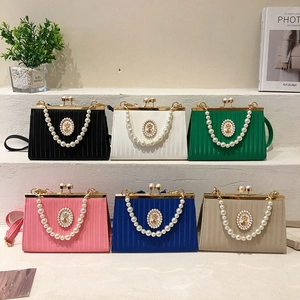 Vintage pleated evening clutches with pearl chains and royal badges in six elegant colors