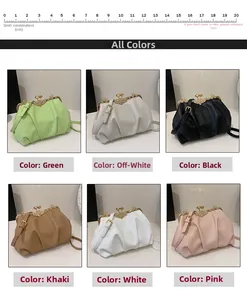 Detail view of cloud-shaped pleated clutch with rhinestone clasp in six trendy colors