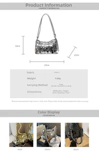 Detailed size specifications for the sequined evening bag with three color options