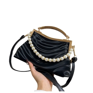 Fashion black ruched shell bag with gold frame and decorative pearl handle strap