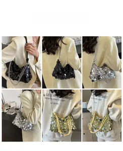 Detailed views of sequined crossbody bags in black, silver and champagne gold finishes