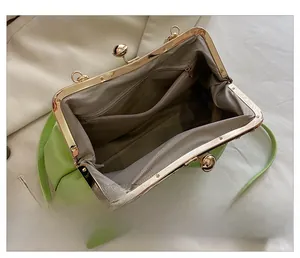 Interior view of light green shell bag showing herringbone lining and zipped pocket