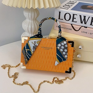 Women Square Box Bag PU Leather Pleated Texture Metal Handle Chain Shoulder Strap Satin Scarf Decor Elegant Fashion Bag