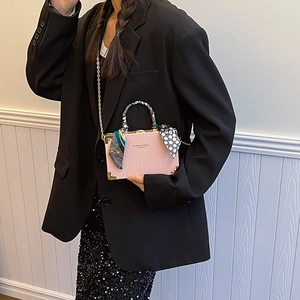 Pink retro box handbag with silk scarf handle and gold chain strap for women