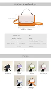 Detailed size chart and multi-color options for the contrast crossbody bag