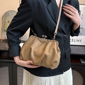 Fashionable khaki pleated cloud bag with crystal floral kiss-lock and shoulder strap