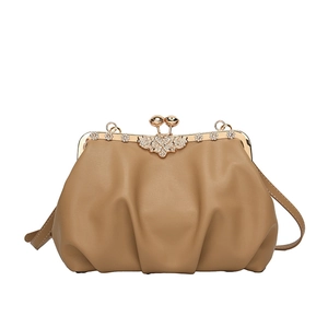 Khaki pleated shell bag with crystal flower clasp and golden metal frame, main view