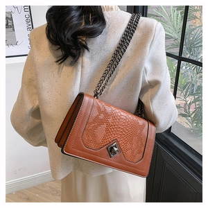 Brown crocodile texture chain bag worn as a crossbody purse for stylish back-view detail