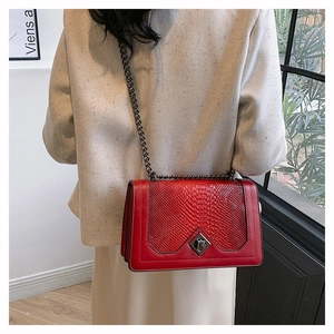 Macro view of red snakeskin textured leather bag with metallic chain and twist lock