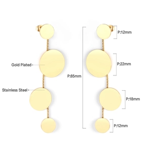 Detail showing 85mm gold plated stainless steel geometric earrings with four round discs
