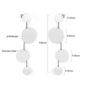 Polished stainless steel tassel earrings with four round discs total length 85mm