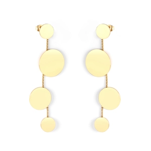 Polished gold stainless steel minimalist round disc drop earrings with long tassel design