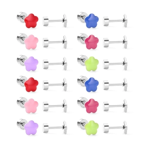 Set di sei orecchini a fiore colorati in acciaio inossidabile con smalto e vite