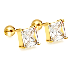 Boucles d'oreilles carrées en zircon et acier inoxydable doré avec fermoir à bille vissé