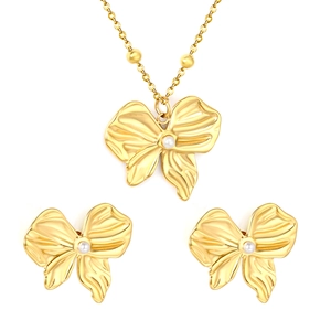 Parure de bijoux papillon en acier inoxydable plaqué or 18K avec perles blanches