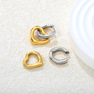 Fashionable two-tone 18k gold plated stainless steel heart and hoop earrings set