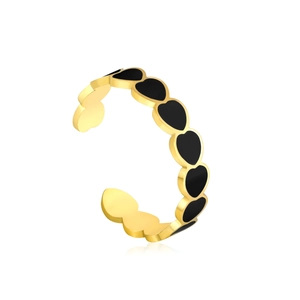 Bague ouverte minimaliste en acier plaqué or 18K avec cœurs en émail noir