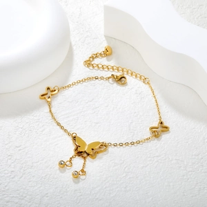 18K gold plated stainless steel anklet with hollow butterfly charms and zircon tassels