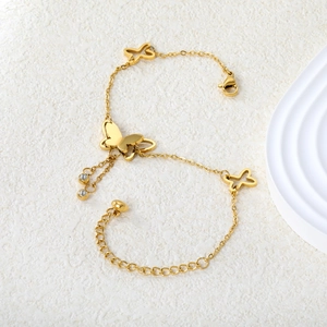 Elegant gold butterfly tassel anklet in stainless steel with zircon stones