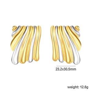 Detailsicht zweifarbiger Edelstahl-Ohrringe mit Wellendesign und Maßen 23,2x30,5mm