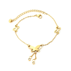 18K gold plated butterfly anklet with sparkling rhinestones and adjustable steel chain