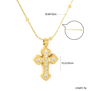 Luxurious gold cross necklace with clear cubic zirconia stones and beaded chain detail