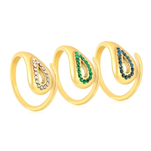 18K gold plated teardrop open ring set with emerald, sapphire and clear stones