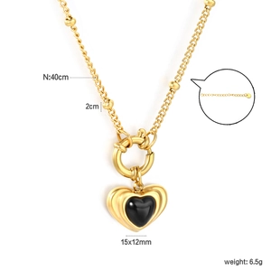 18K gold plated stainless steel necklace with black heart agate pendant and bead chain