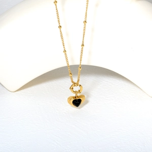 18K gold plated stainless steel necklace featuring a black heart pendant and bead chain