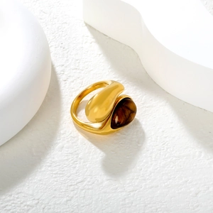 Minimalist 18K gold plated stainless steel ring with tiger eye stone in asymmetric style